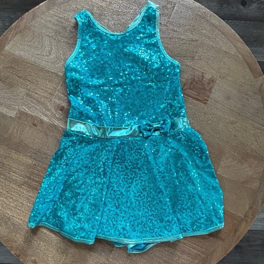 Girls Teal Sequin Dance Leotard Dress with Bow